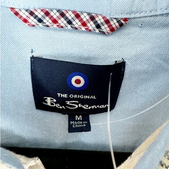 Ben Sherman Mens Linen Blend Button Down Shirt Striped Beige Blue Medium - Picture 3 of 7